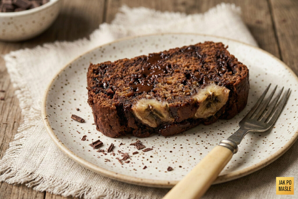 Kromka chlebka bananowego z czekoladą - wilgotny środek z kawałkami gorzkiej czekolady