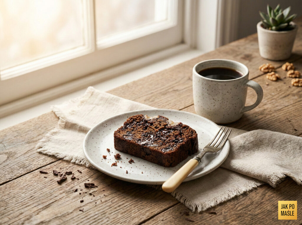 Chlebek bananowy z czekoladą podany z kawą