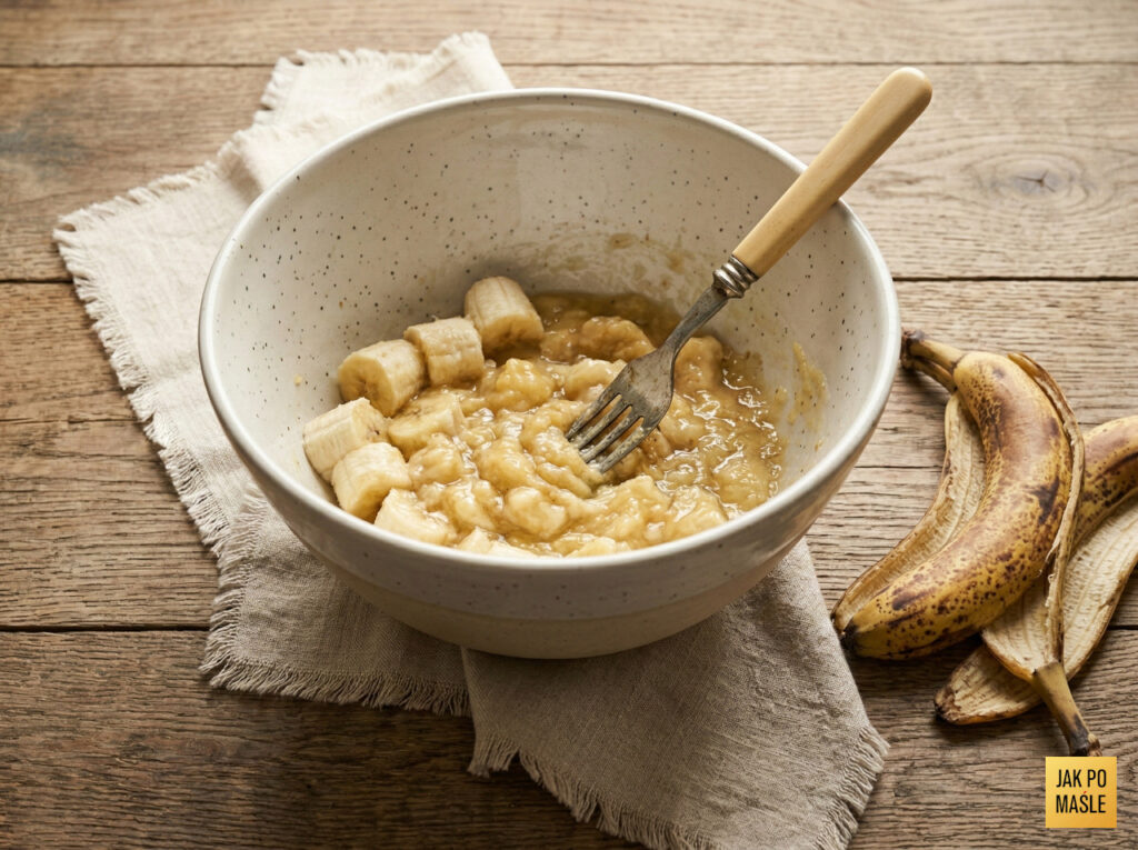 Rozgniatanie dojrzałych bananów widelcem - etap przygotowania chlebka bananowego