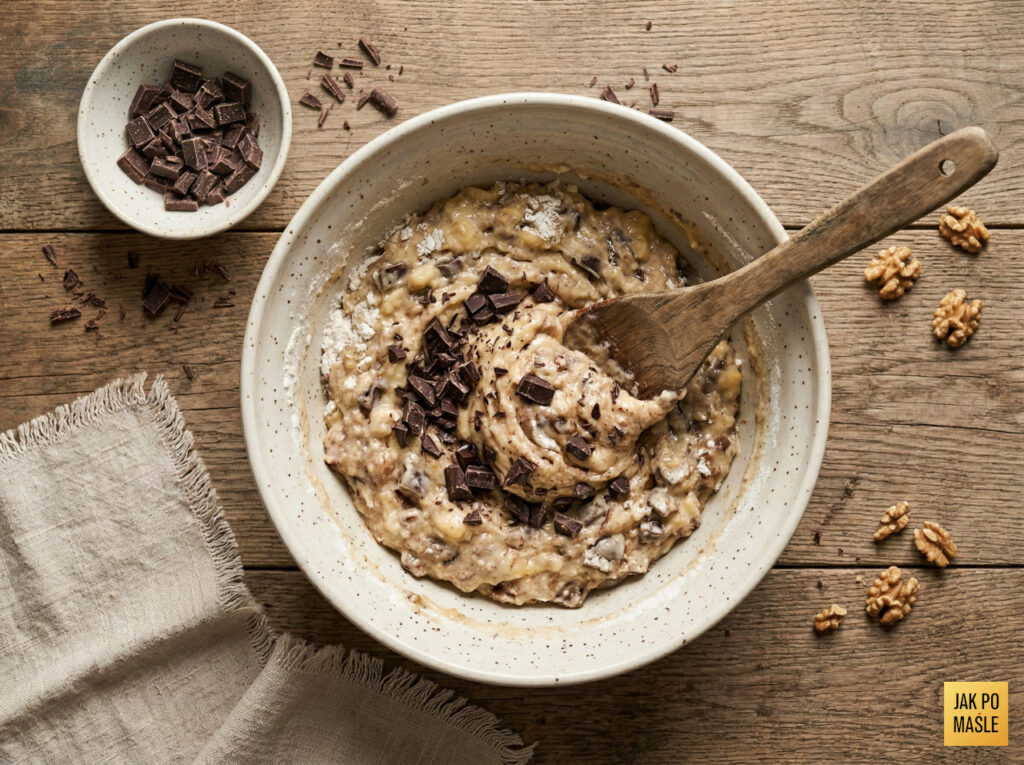 Ciasto na chlebek bananowy z czekoladą - dodawanie posiekanej czekolady