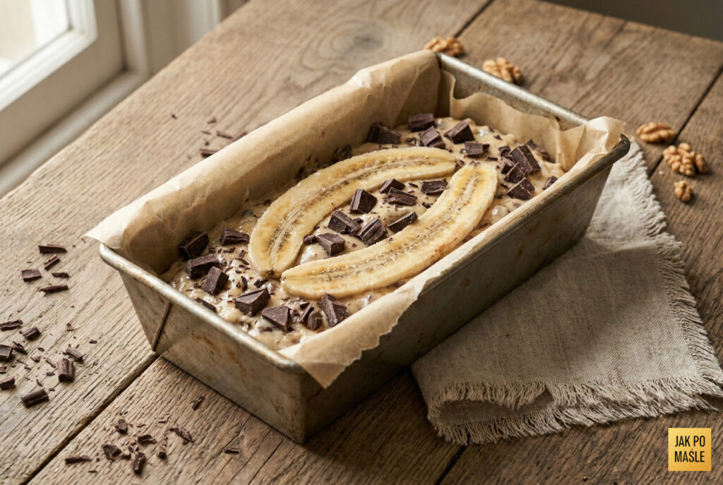 Ciasto na chlebek bananowy w formie keksowej przed pieczeniem - z bananem i czekoladą na wierzchu