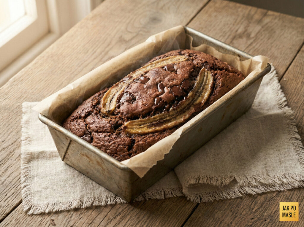 Chlebek bananowy z czekoladą tuż po wyjęciu z piekarnika - złocista skórka z pękniętym wierzchem