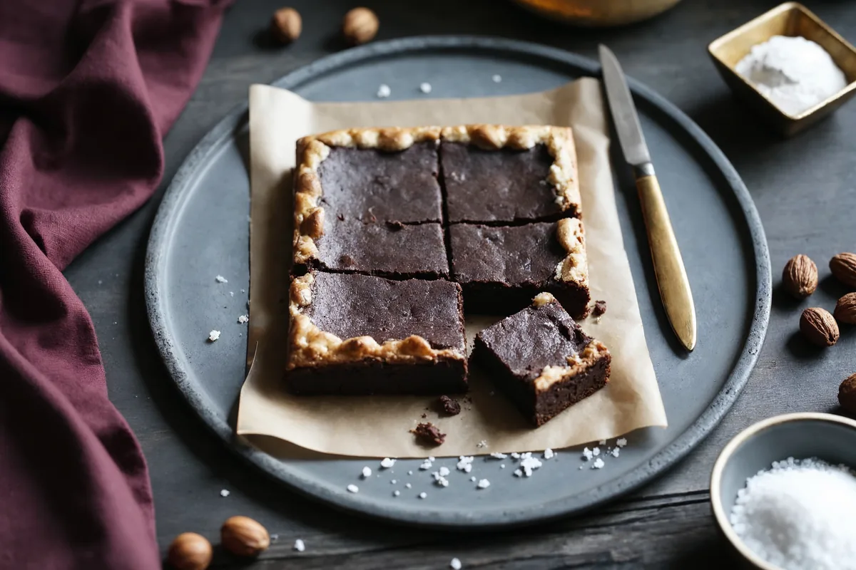 Blacha brownie pokrojona na kwadraty, na wierzchu spękana lśniąca skorupka