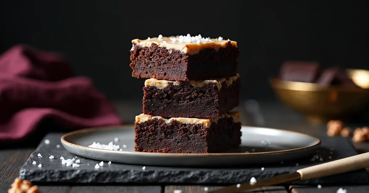 Trzy kawałki brownie ułożone w stos, widoczny gęsty przekrój i lśniąca skorupka