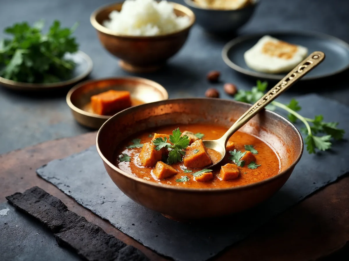 Gotowanie sosu pomidorowego z masłem na patelni do butter chicken