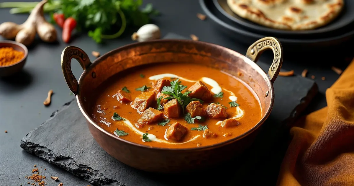 Butter chicken w miedzianej misce, pomarańczowy sos z kawałkami kurczaka i śmietaną