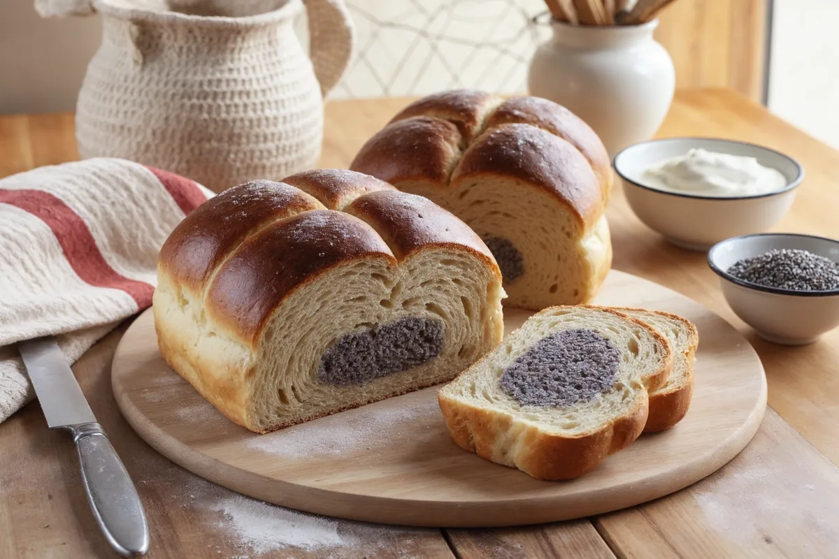 Przekrój chałki - żółty, włóknisty miękisz i cienka błyszcząca skórka