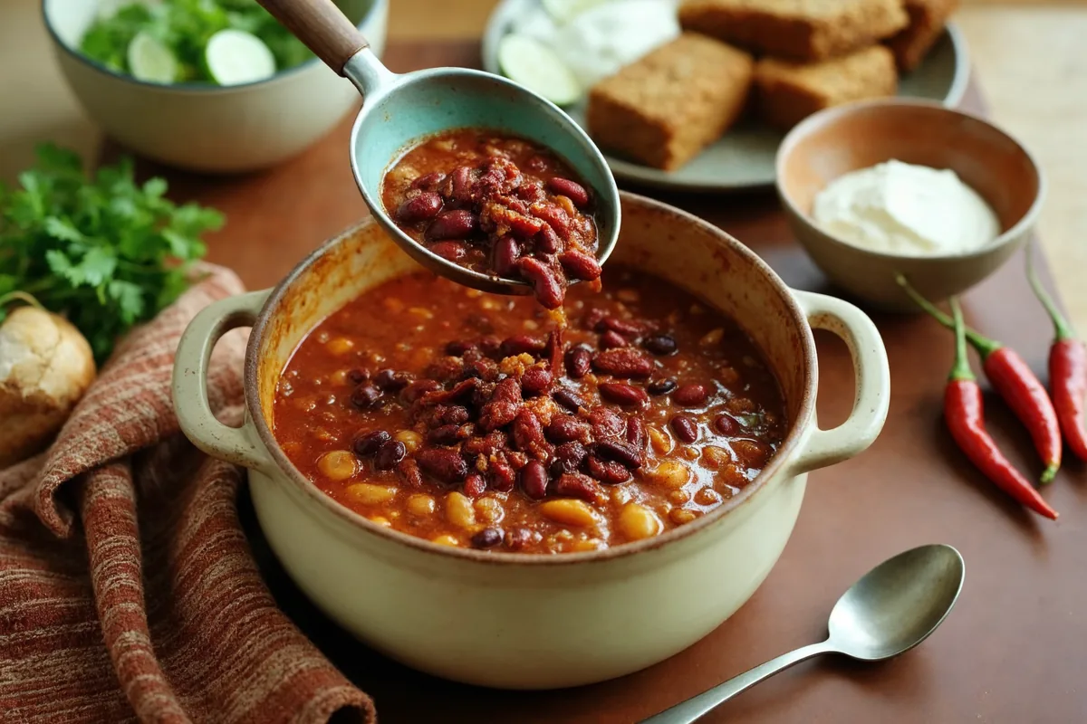 Odsączona czerwona fasola wsypywana do gęstego chili pod koniec duszenia