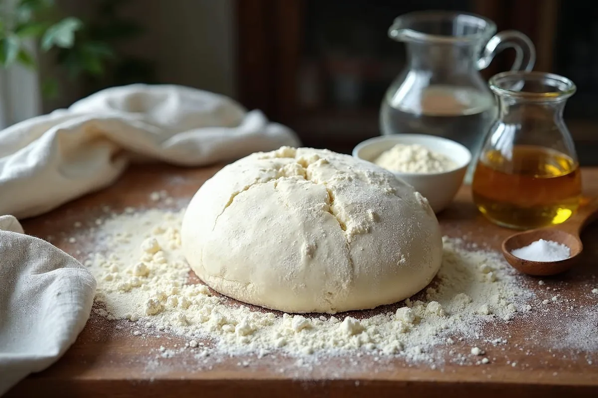 Mąka, drożdże, woda, oliwa i sól rozłożone na dębowym blacie - składniki na ciasto do pizzy