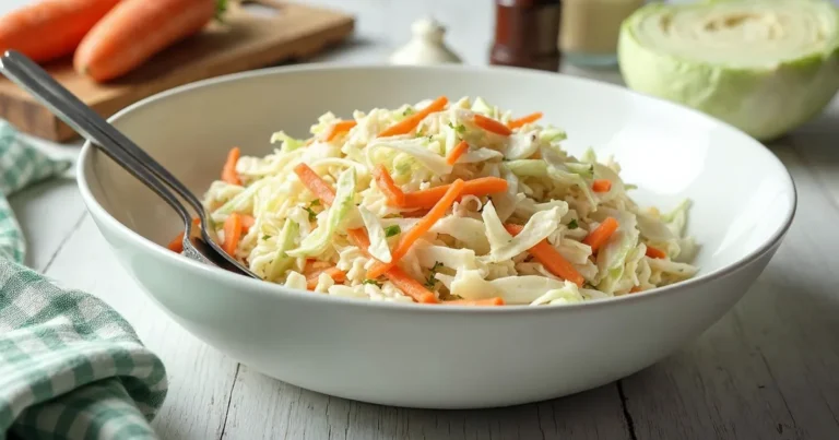 Coleslaw z białej kapusty i marchewki w białej misce z widelcem