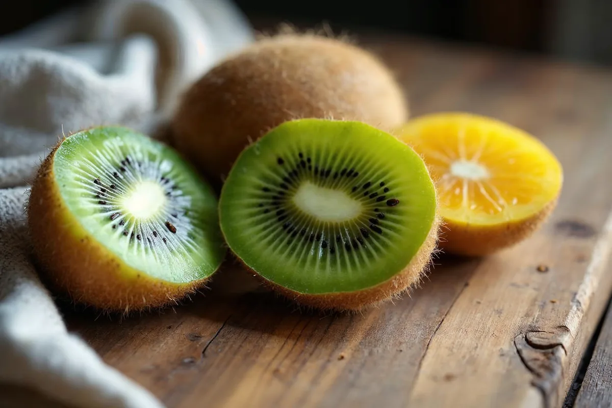 Kiwi zielone i żółte przekrojone na pół, obok cały owoc z brązową owłosioną skórką