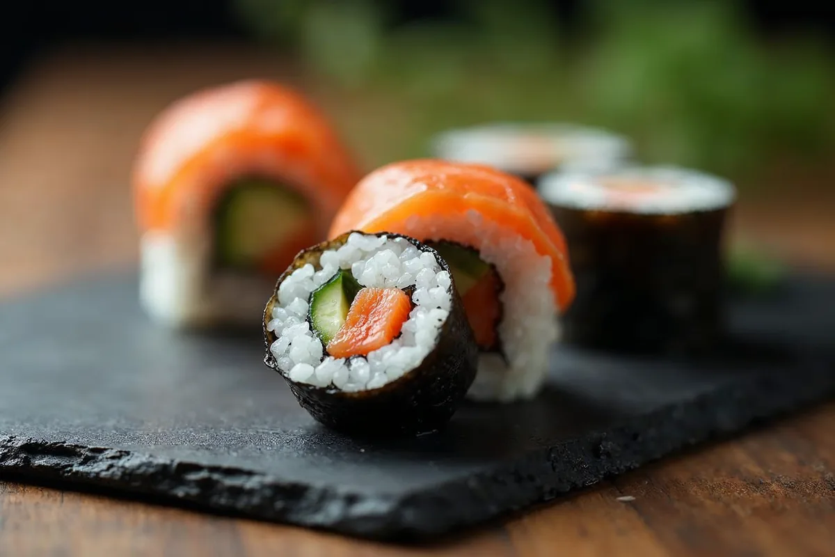 Przekrój rolki maki w zbliżeniu: ryż, nori, łosoś i ogórek