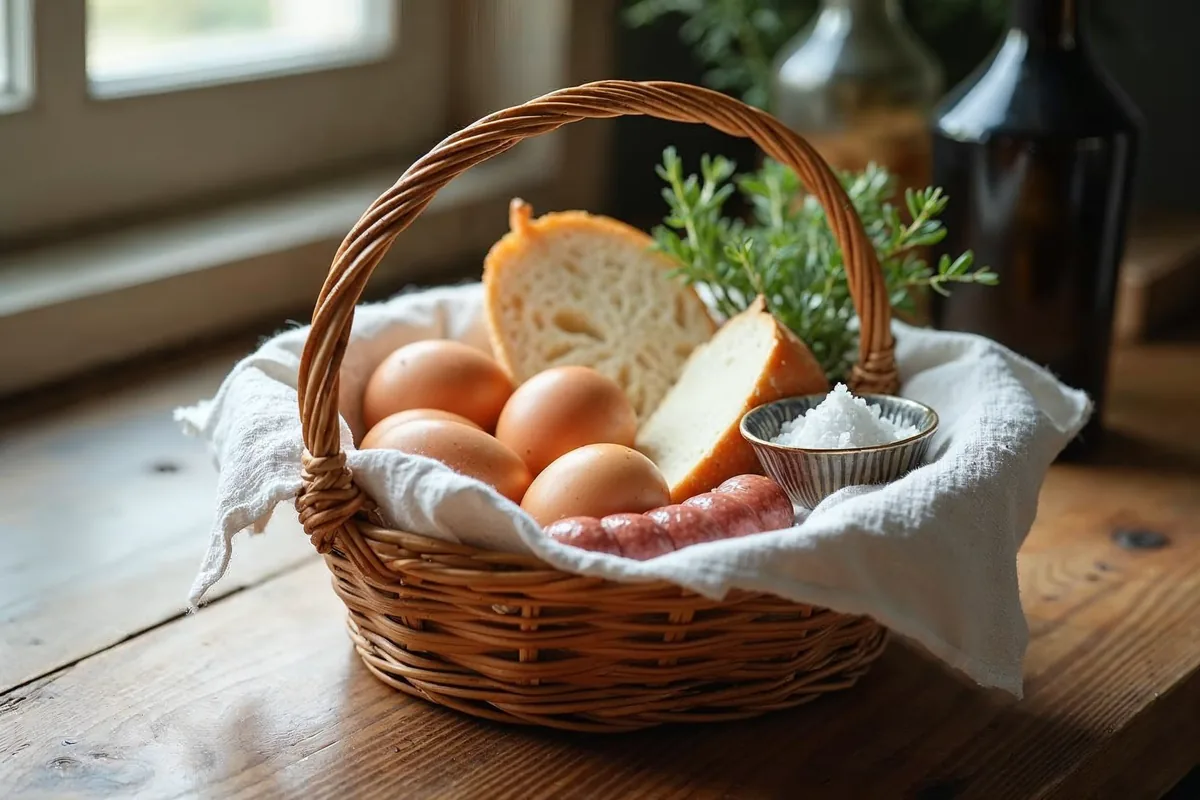 Wielkanocny koszyczek z jajkami, chlebem, kiełbasą, solą i gałązką bukszpanu