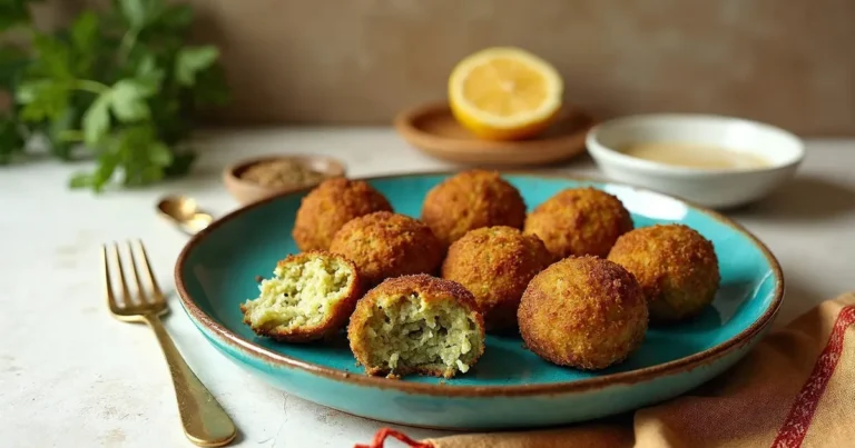 Falafel smażony na złoto, przekrojona kulka z zielonym wnętrzem i sos tahini