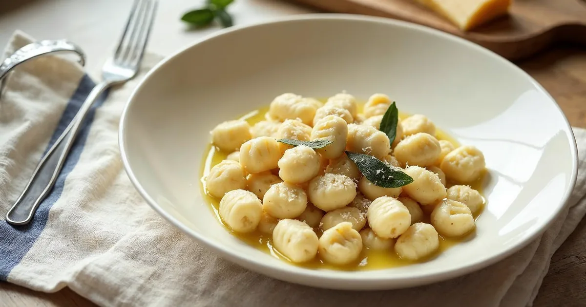 Gnocchi z masłem i szałwią w szerokiej misce, widoczne rowki na kluskach