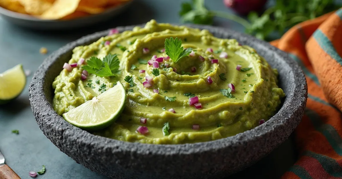 Guacamole rozgniecione widelcem w kamiennej misce, z czerwoną cebulą i kolendrą