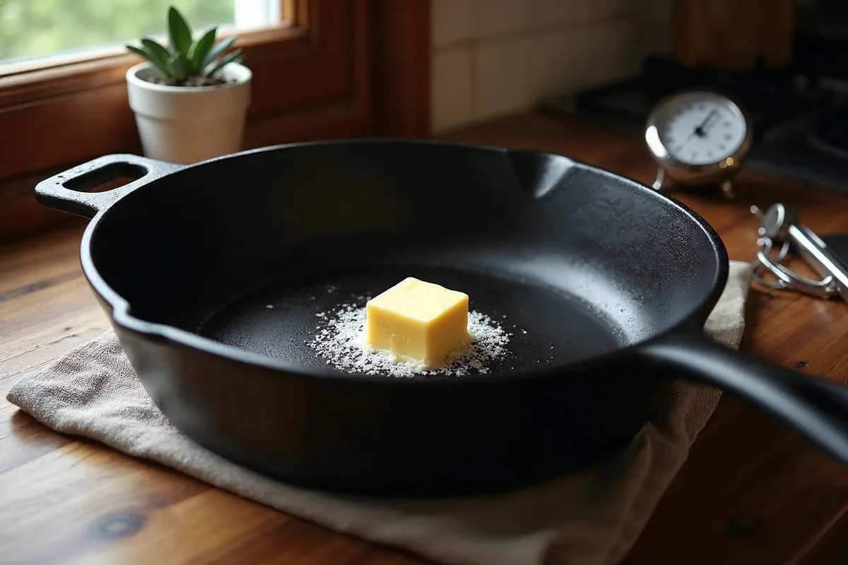 Rozgrzana patelnia z masłem, minutnik i termometr kuchenny na blacie