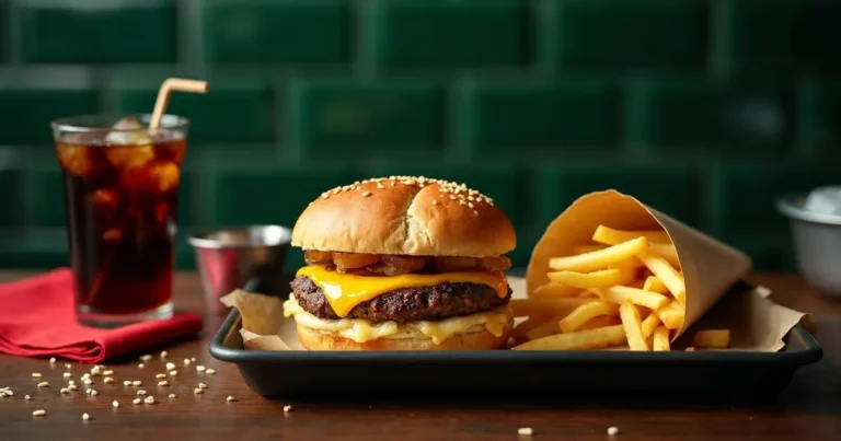 Zestaw fast food - burger z serem, frytki w papierowym rożku i szklanka coli