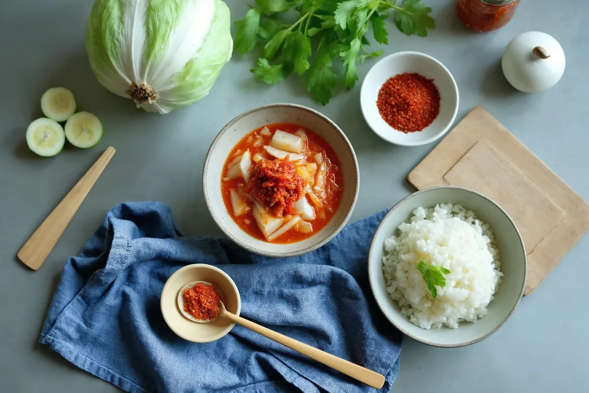 Porcja kimchi w białej miseczce obok ryżu i pałeczek