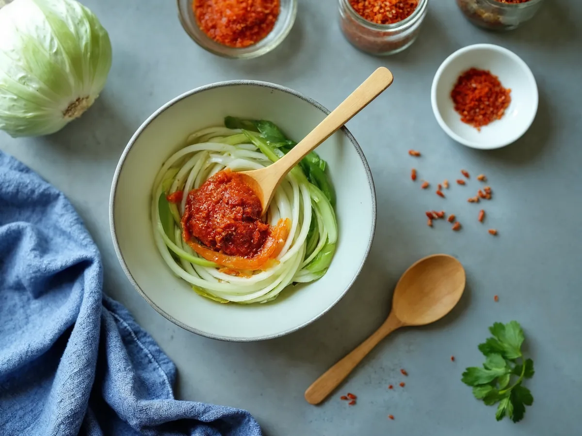 Czerwona pasta z gochugaru, czosnku i imbiru mieszana w misce do kimchi