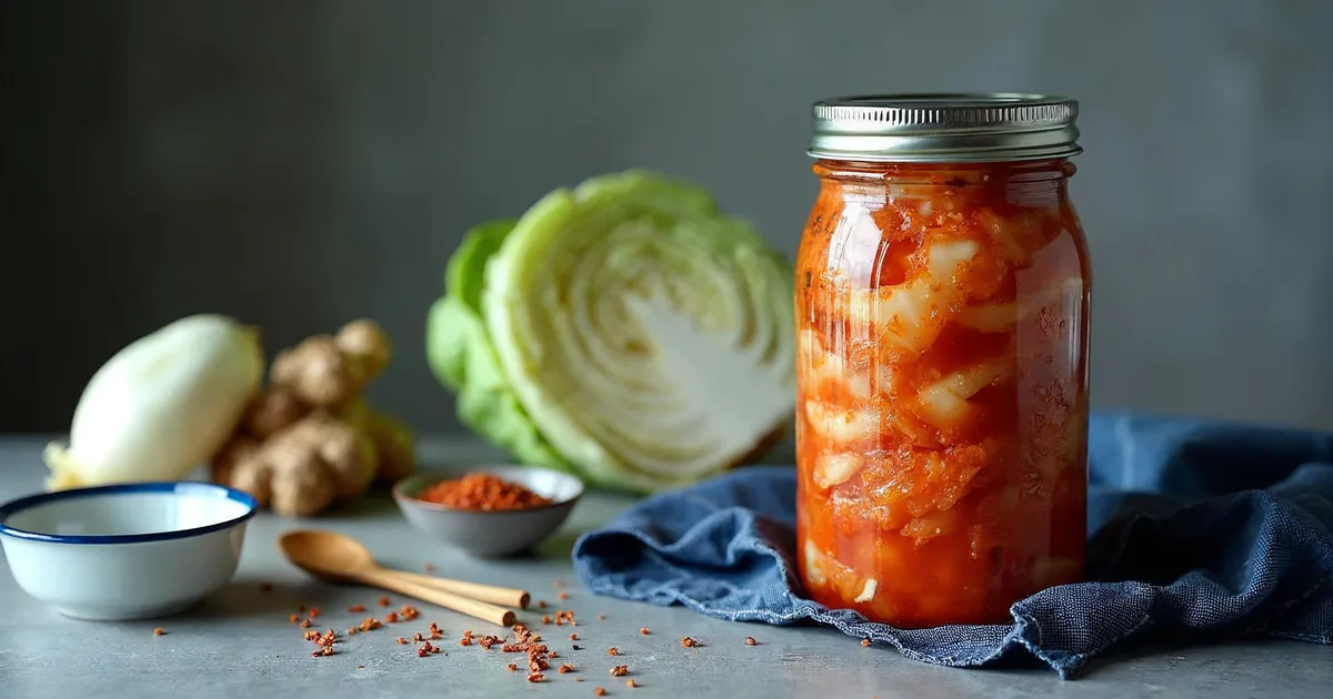 Kimchi w szklanym słoiku, czerwone liście kapusty pekińskiej z dymką i rzodkwią