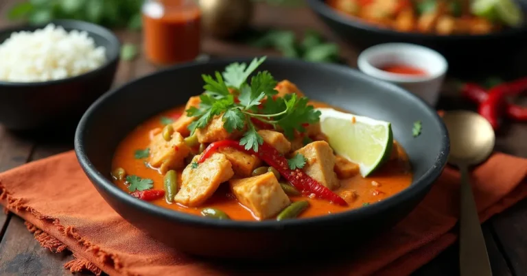 Kurczak curry w kokosowym sosie z papryką i fasolką, podany z ryżem jaśminowym