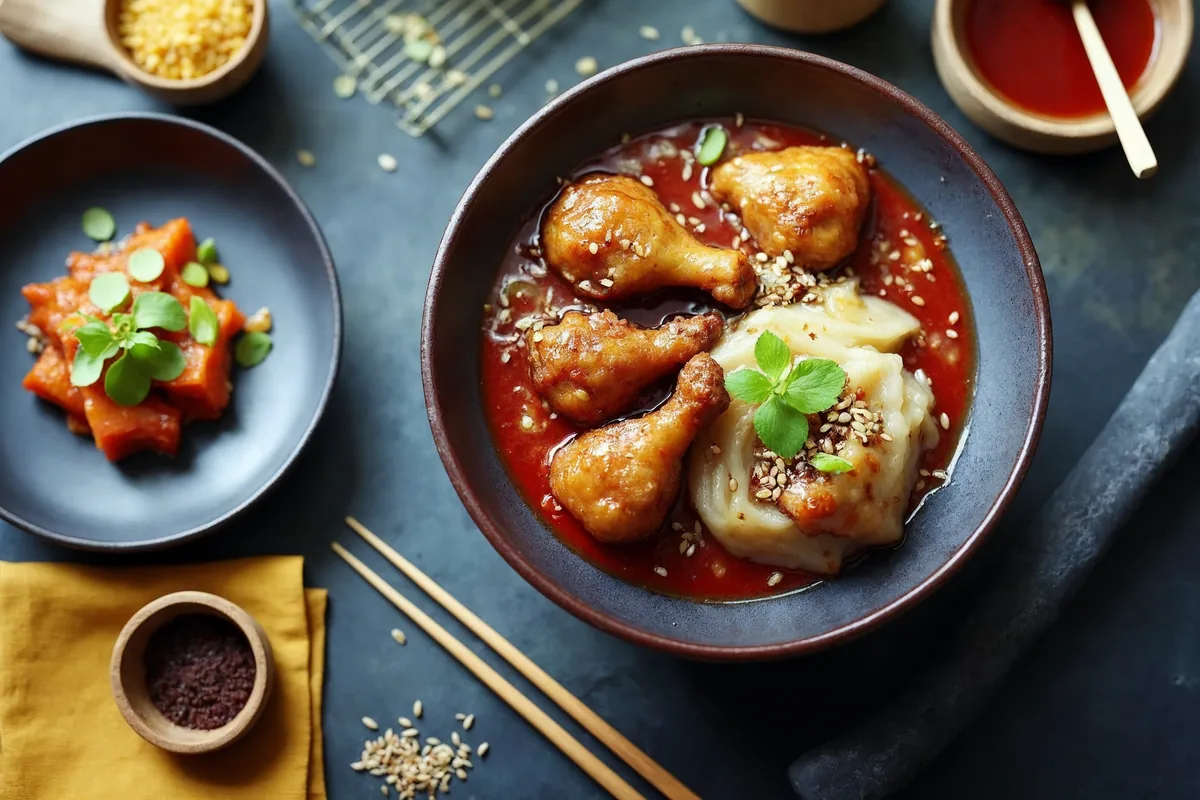Porcja kurczaka po koreańsku z ryżem i kimchi, w tle pałeczki na czarnej misce