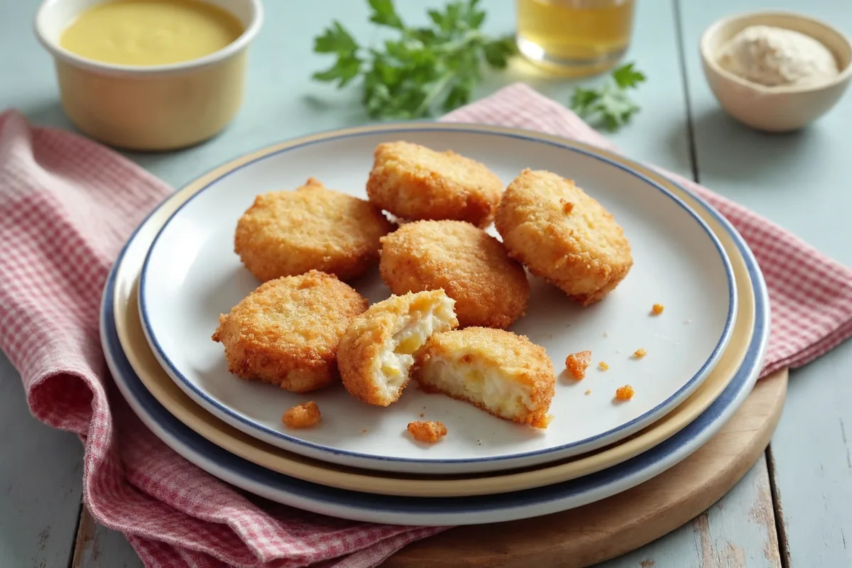 Przełamany nugget z widoczną białą piersią kurczaka i chrupiącą panierką