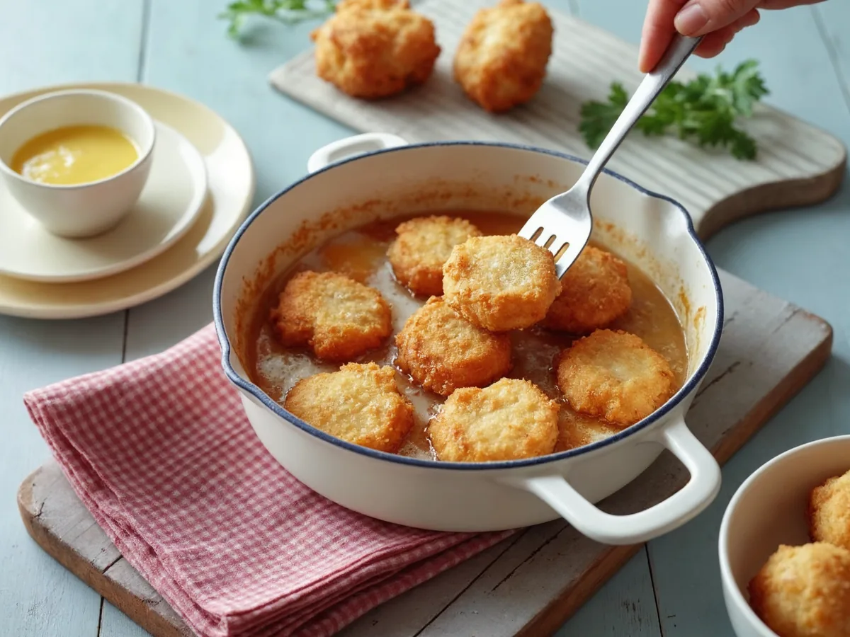 Nuggetsy smażone w rozgrzanym oleju w żeliwnym garnku