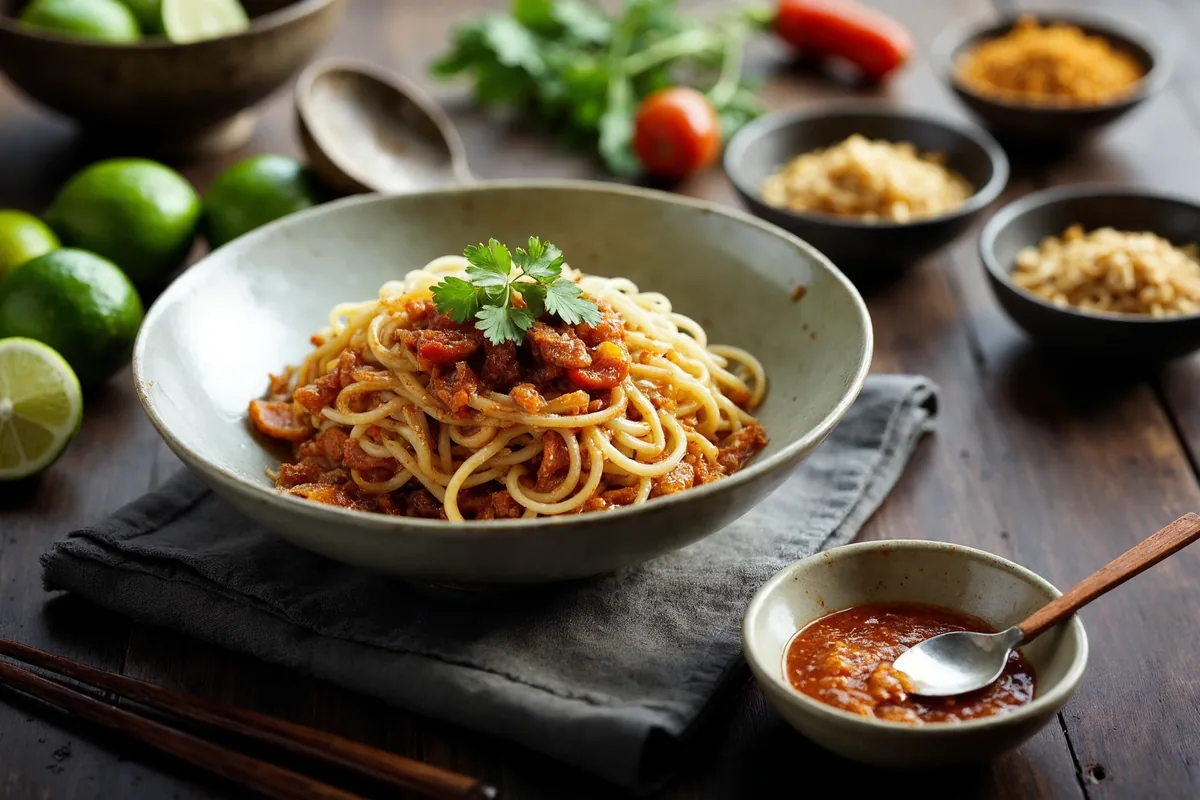 Sos do pad thai mieszany w miseczce - tamaryndowiec, cukier i sos rybny