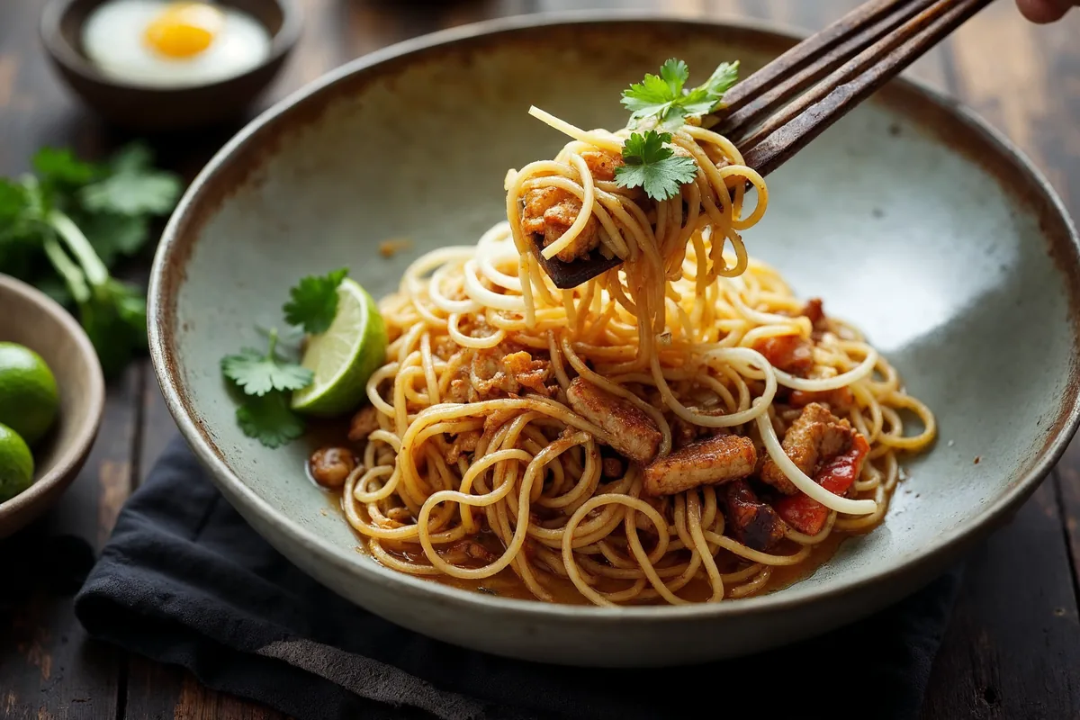 Pad thai smażony w woku, makaron mieszany drewnianą łopatką