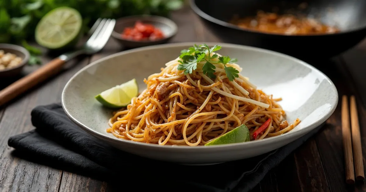 Pad thai z makaronem ryżowym, kurczakiem, kiełkami i orzeszkami