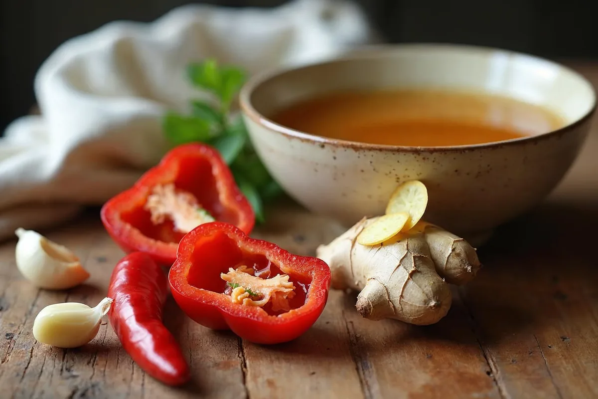 Korzeń imbiru w plastrach, papryczki chili i czerwona papryka - składniki rozgrzewającej zupy