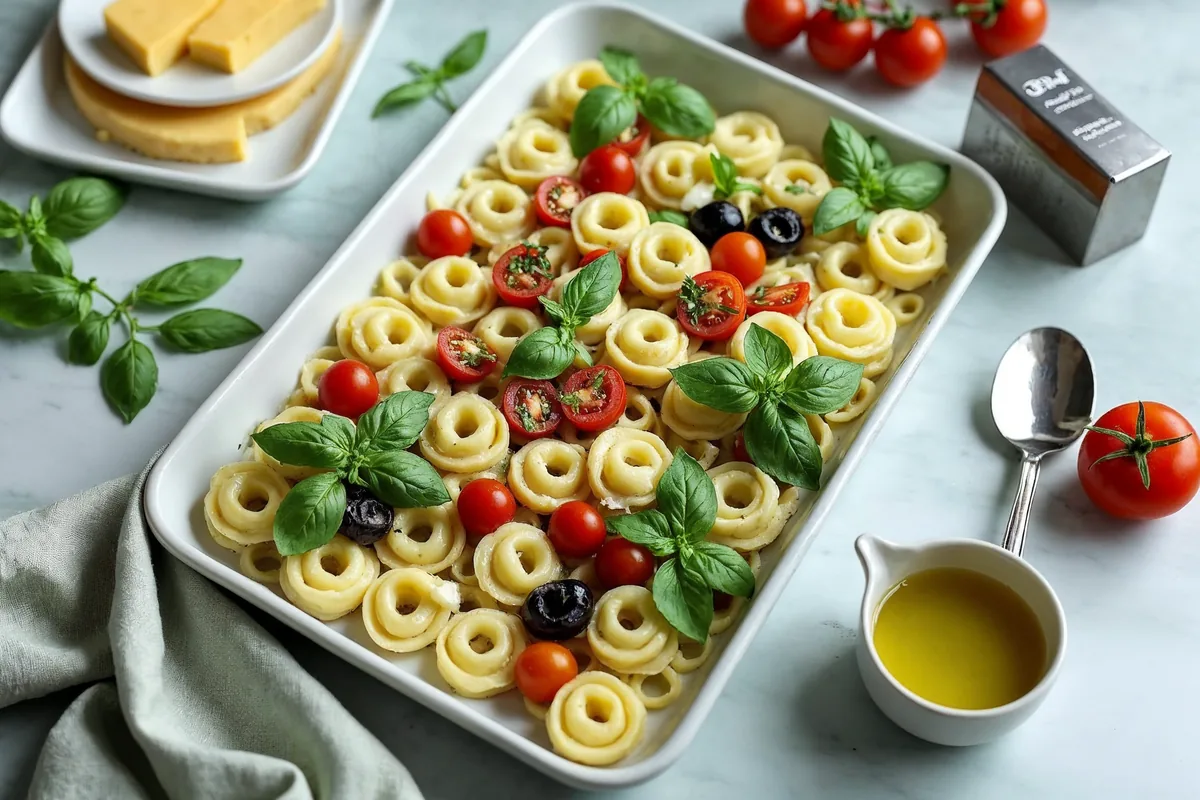 Ugotowane tortellini rozłożone w jednej warstwie na blasze do wystudzenia