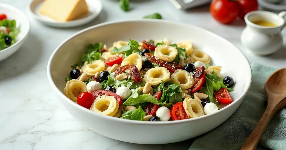 Sałatka z tortellini z pomidorkami, mozzarellą, rukolą i płatkami parmezanu