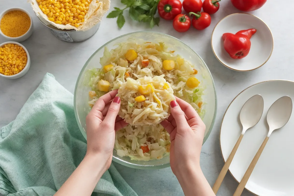 Kruszenie suchego makaronu z zupki chińskiej nad miską z pokrojoną kapustą pekińską