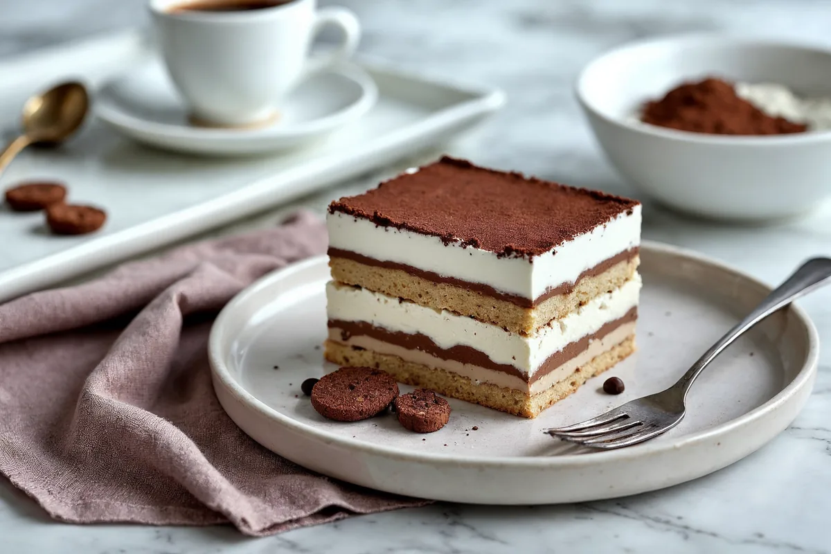 Przekrój tiramisu - warstwy nasączonych biszkoptów i kremu mascarpone