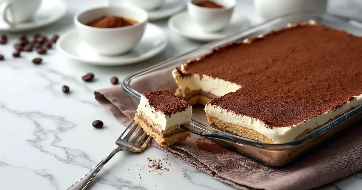 Tiramisu w szklanym naczyniu posypane kakao, z wyjętą jedną porcją
