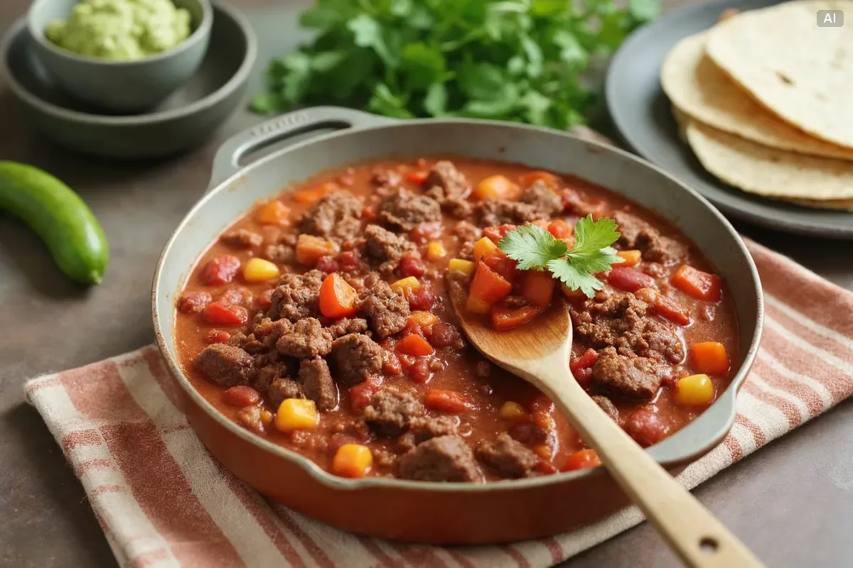 Gęsty farsz do burrito z mielonej wołowiny z fasolą i papryką na patelni