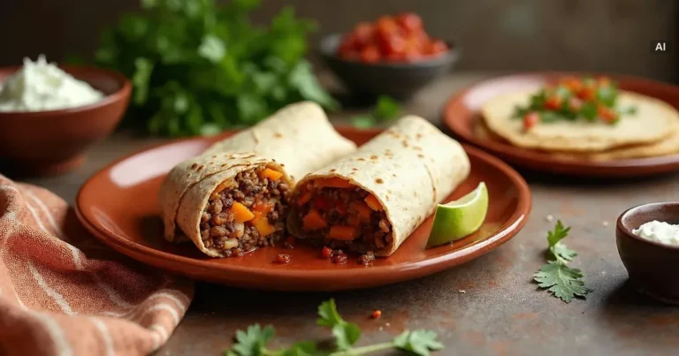 Burrito przekrojone na pół, widoczny farsz z ryżem, fasolą i mięsem