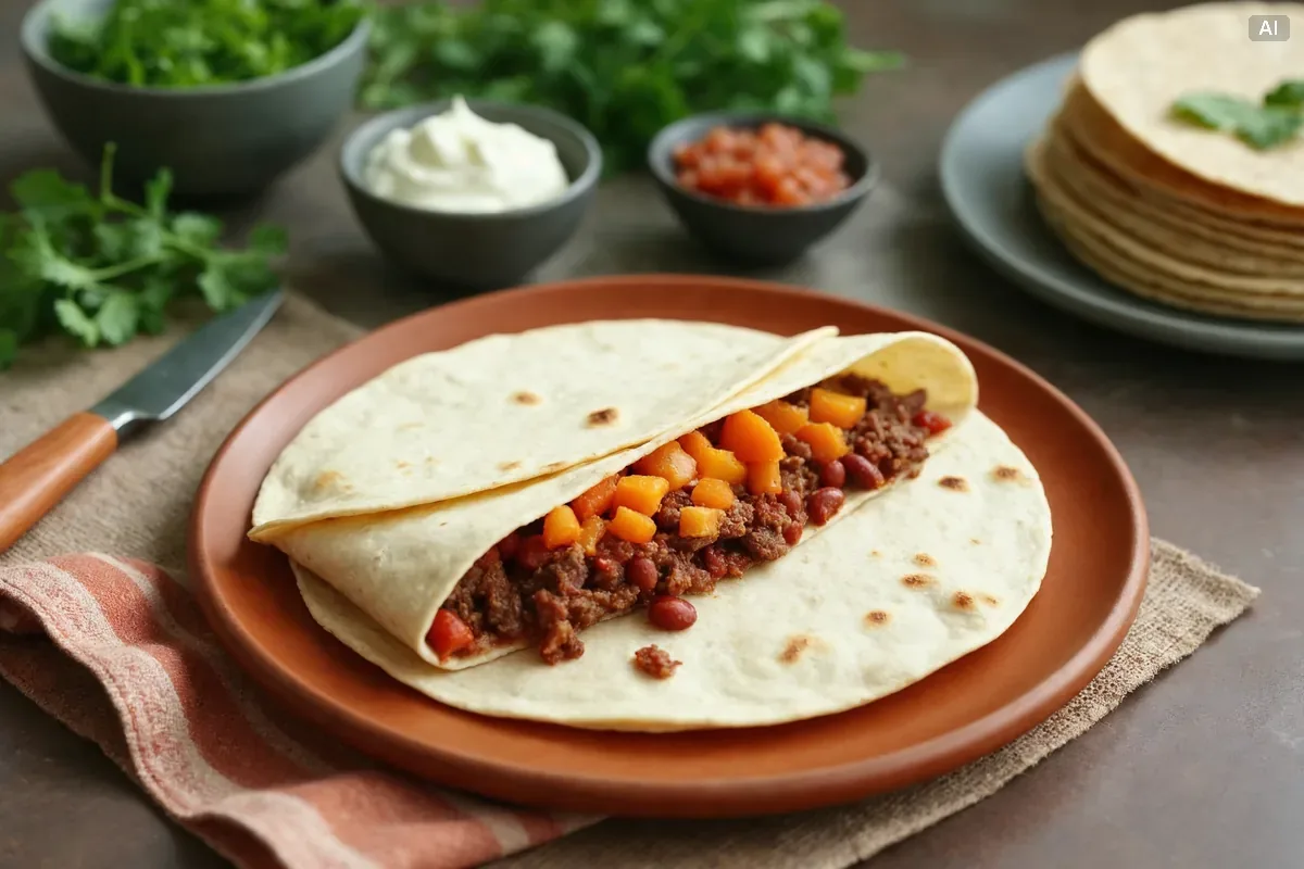 Zawijanie burrito na desce, dolny brzeg tortilli podwinięty na farsz