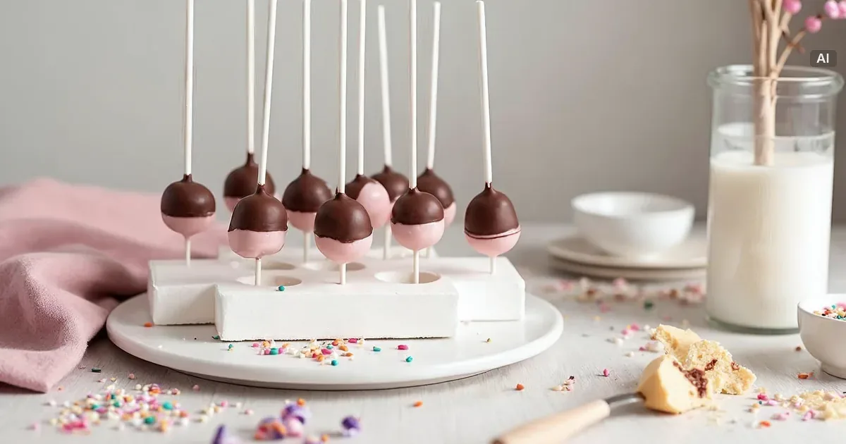 Cake pops w różowej i czekoladowej polewie z posypką, wbite w stojak z pianki