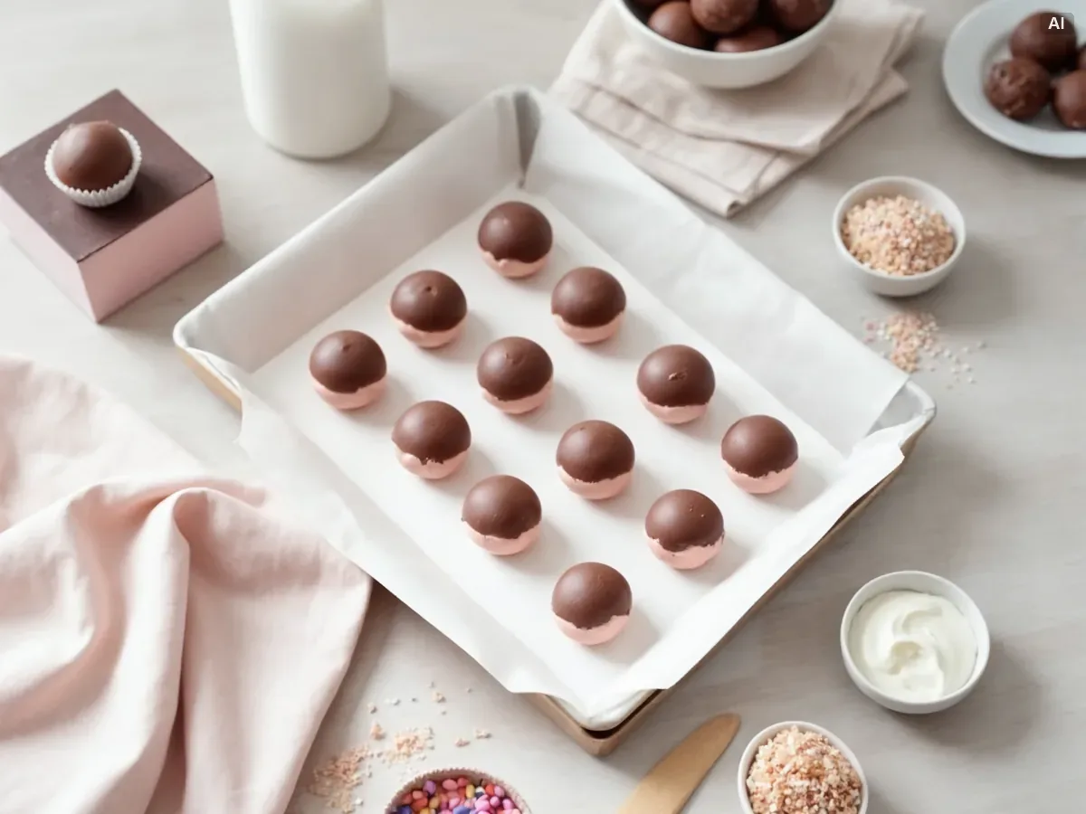 Formowanie kulek cake pops z okruchów ciasta z kremem na blasze z papierem