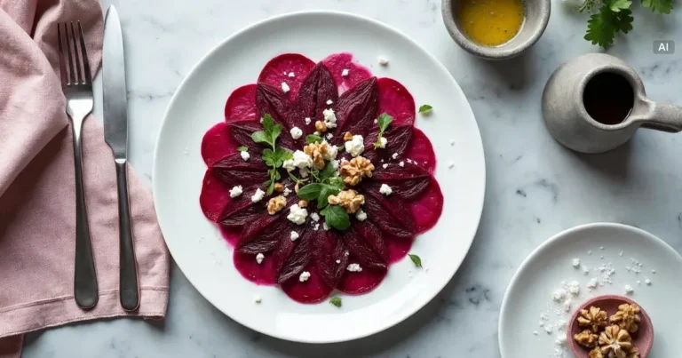 Carpaccio z buraka na płaskim talerzu, z kozim serem, orzechami i rukolą