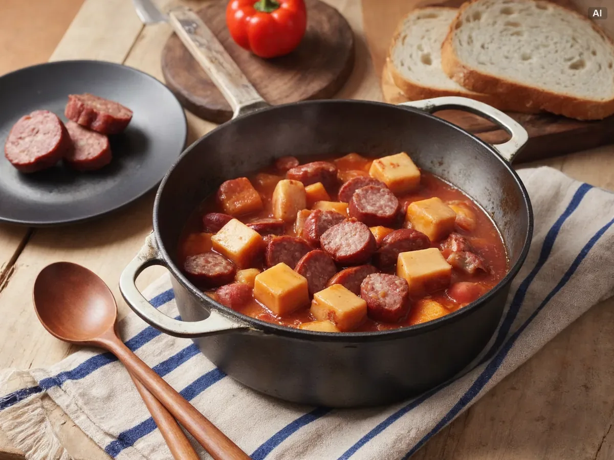 Kiełbasa i boczek podsmażane na dnie szerokiego garnka