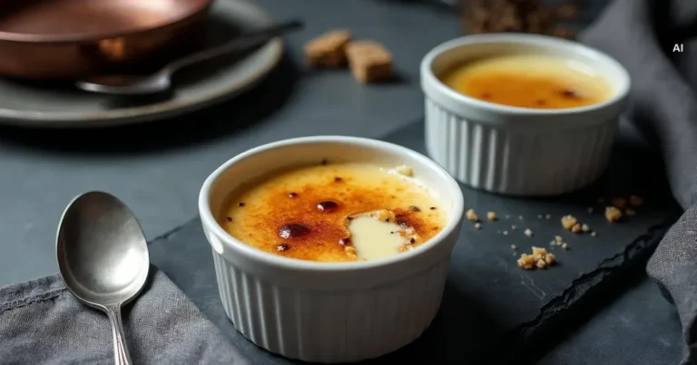 Creme brulee w białej kokilce z pękniętą karmelową skorupką i łyżeczką