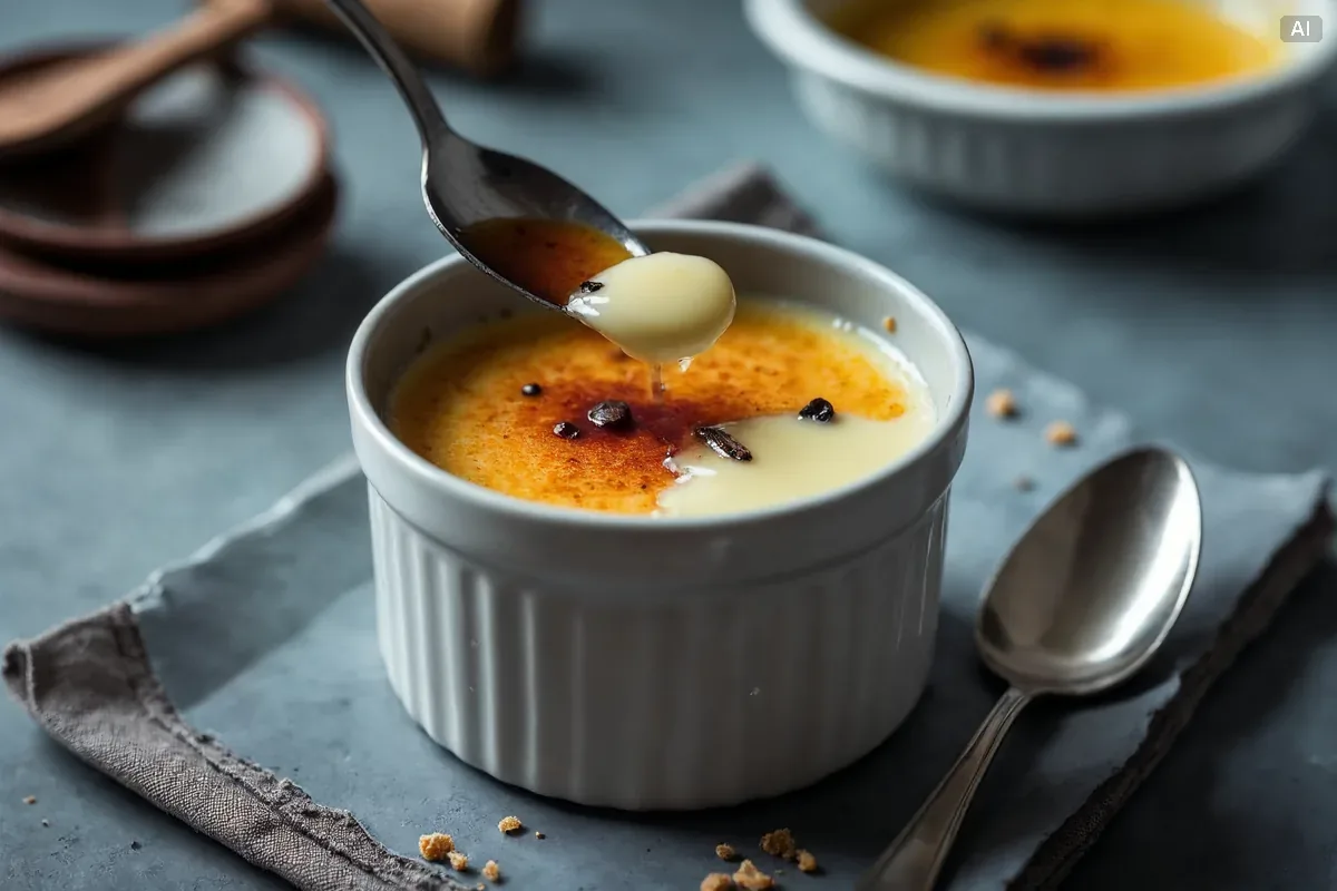 Łyżeczka przebijająca karmelową skorupkę creme brulee, pod spodem jasny krem