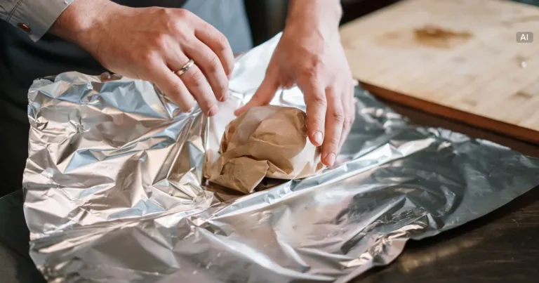 Rolka folii aluminiowej z widoczną stroną błyszczącą i matową na kuchennym blacie