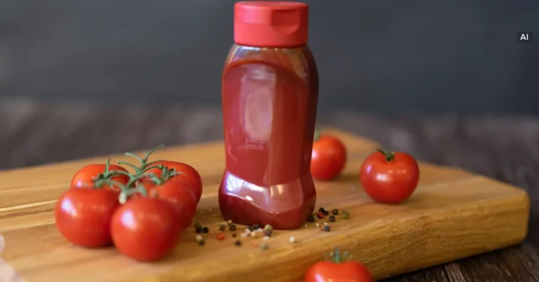 Butelka ketchupu obok kopczyka cukru odmierzonego z jednej porcji, ile cukru w ketchupie