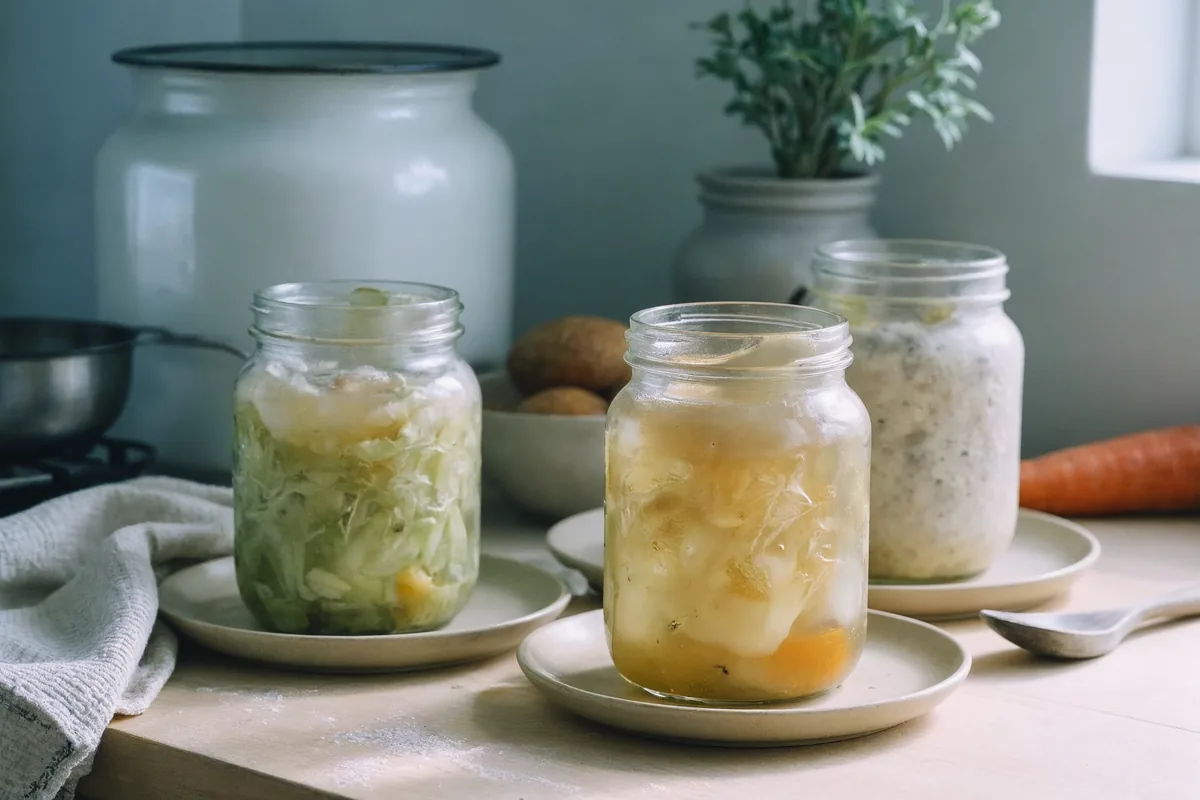 Słoiki z kapustą kiszoną w trakcie fermentacji, bąbelki w soku, luźno zakręcone wieczka